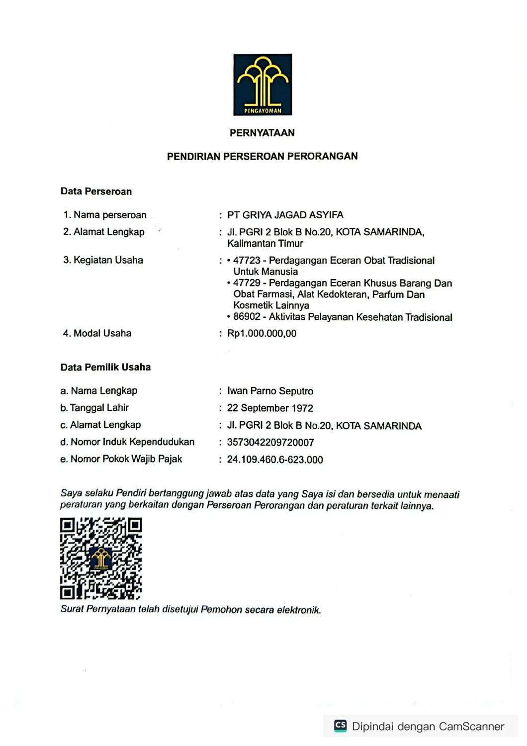 Pernyataan pendirian PT Griya Jagad Asyifa